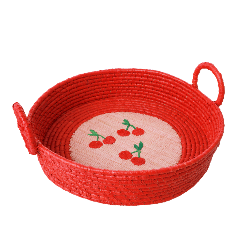 Round Raffia Bread Basket Red Embroidered Cherry Rice DK